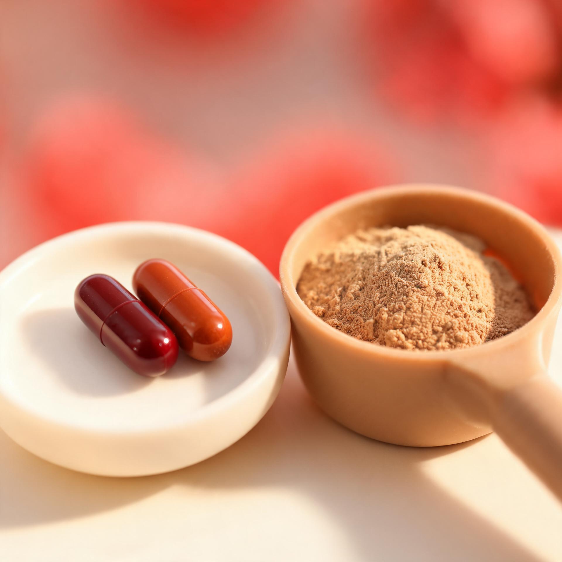 Rust-red cardiovascular supplement capsules beside scoop of lumbrokinase peptide powder