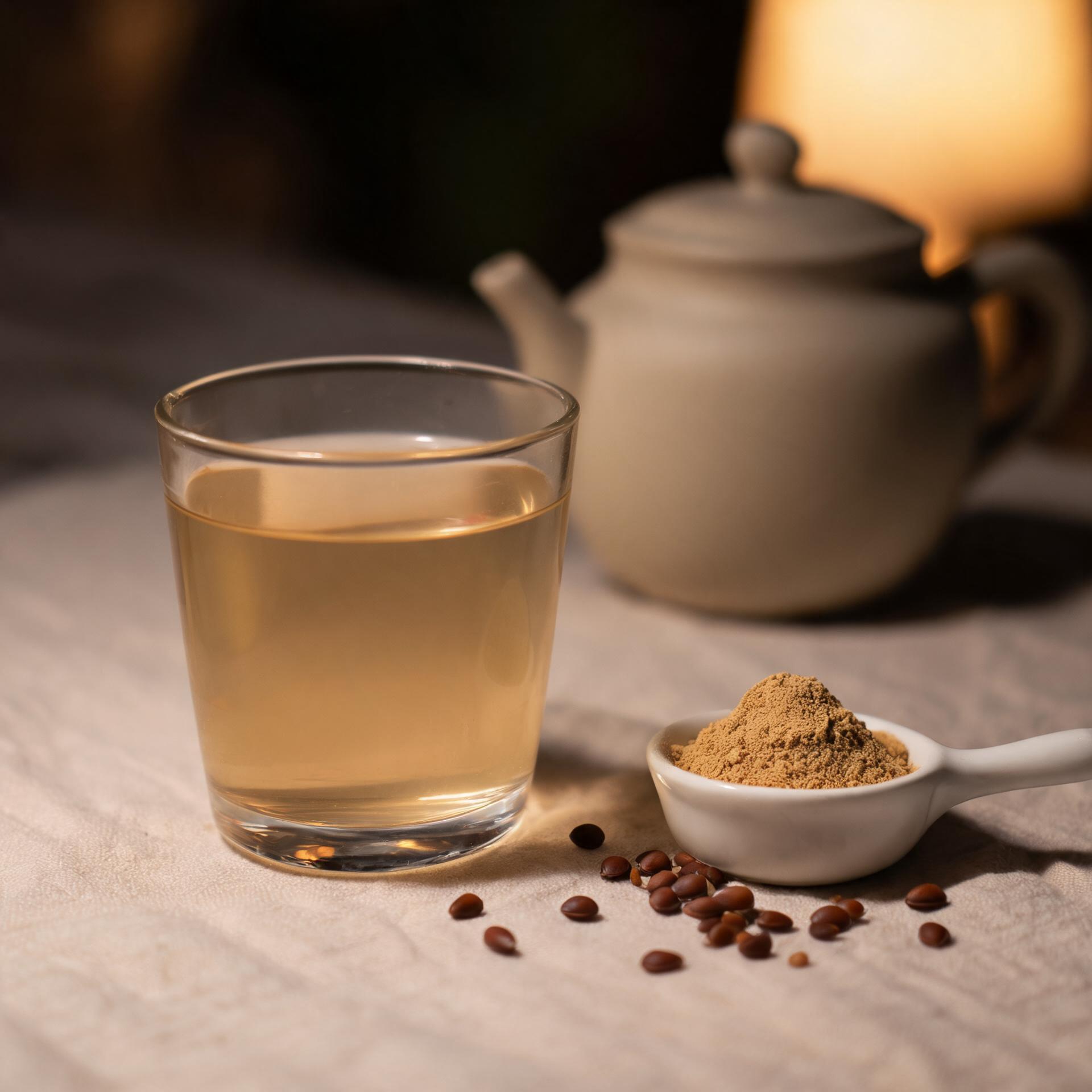 Clear pale amber calming evening beverage beside scoop of sour jujube peptide powder