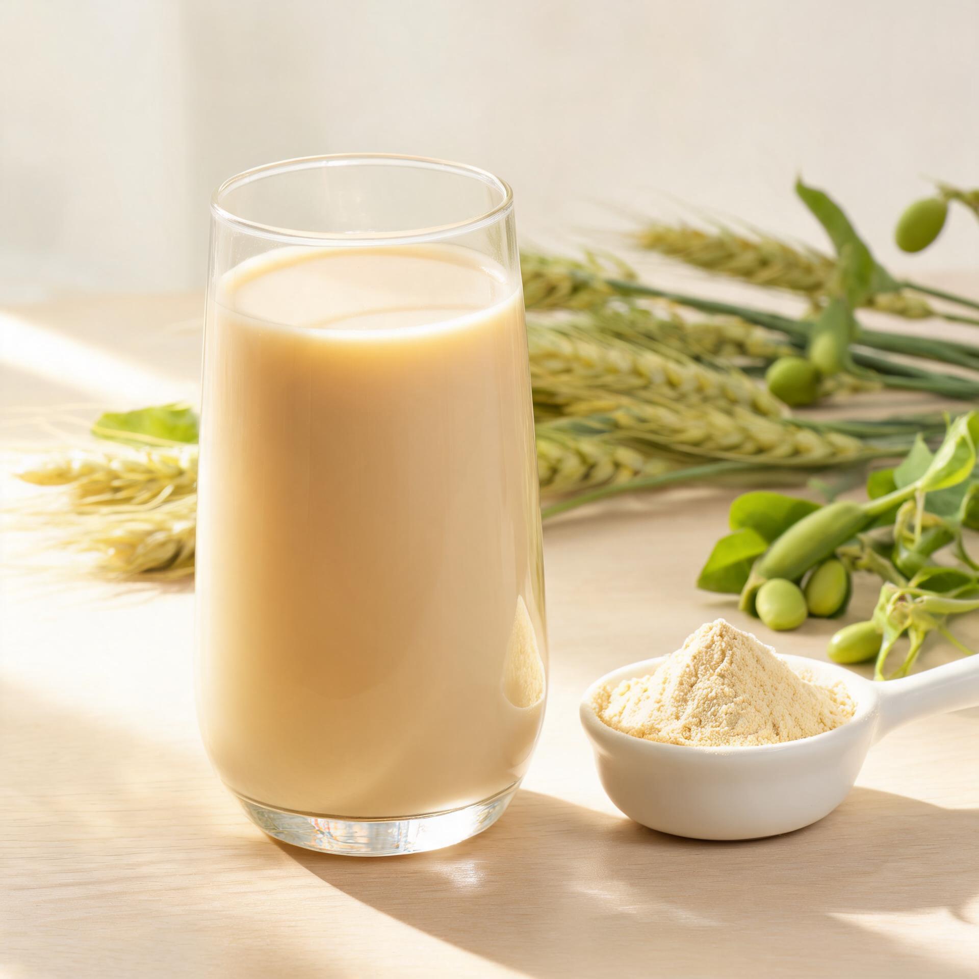 Golden plant-based protein drink beside scoop of soybean peptide powder