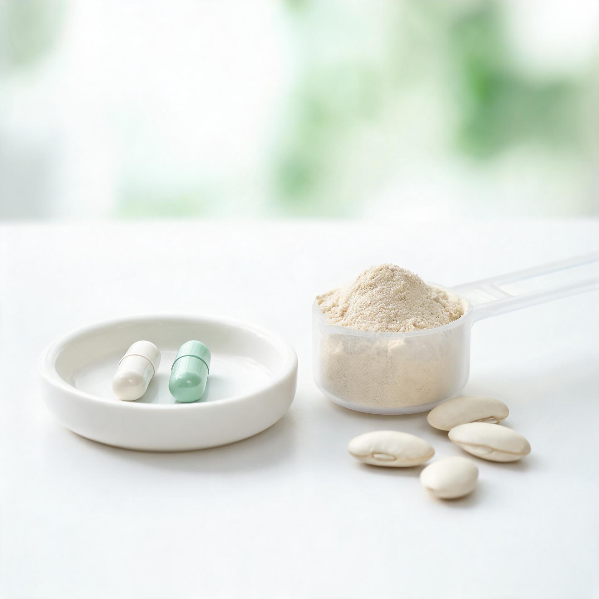 Crisp white and mint carb-management supplement capsules beside off-white peptide powder