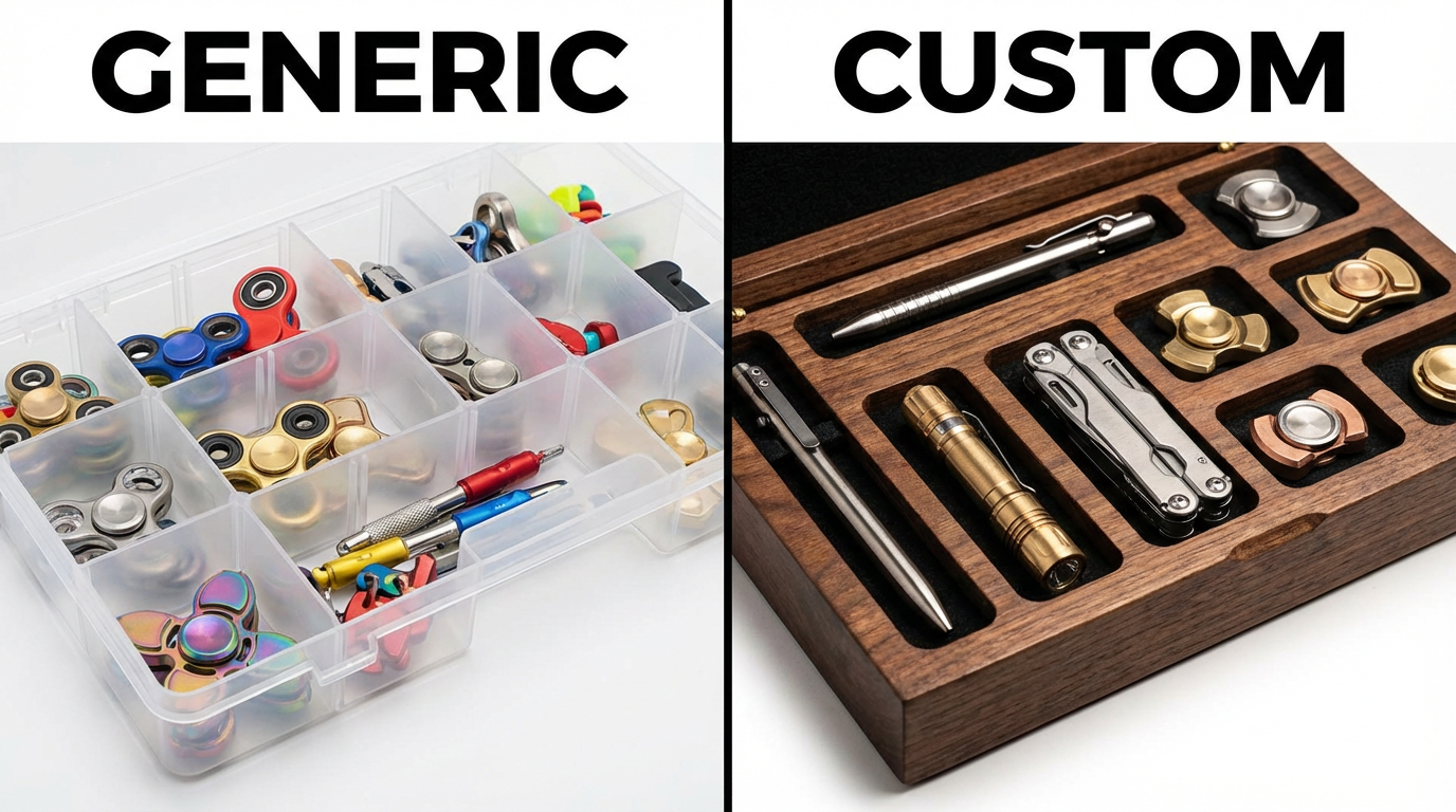 Comparison between generic plastic EDC case and custom walnut display case showing the difference in fit and quality